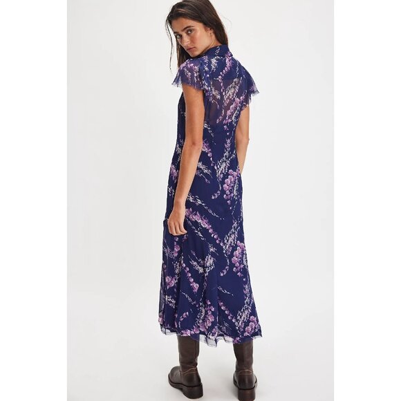 NWT Free People Cannaday Maxi Dress Womens M Navy Combo Boho Semi Sheer Floral - Picture 3 of 11
